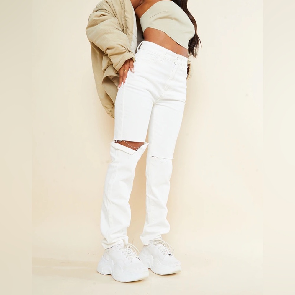 PLT Off white slash knee long straight leg jeans